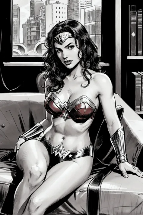 Wonder woman in sexy bikini . sitting on a sofa . library background. American noire style drawing