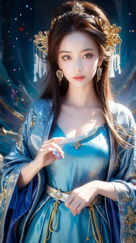 ((facing front:1.5)),Female fortune teller. Attractive, beautiful and mysterious. She wears a blue cloak and has distinct features. The atmosphere is bright and sparkling, full of anxiety and anticipation. A fortune teller is standing there. The body is fa...