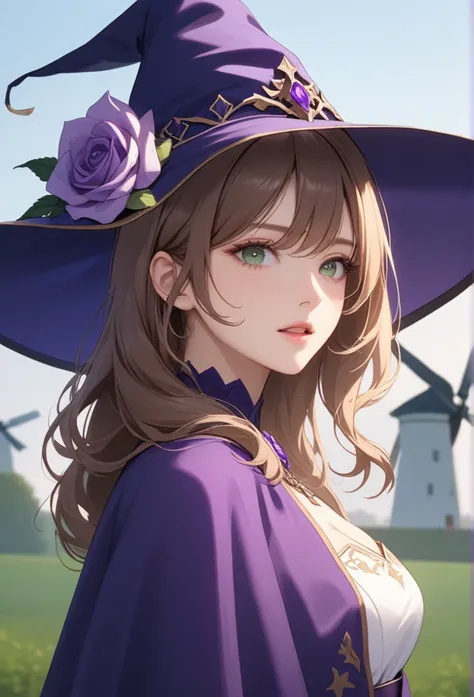 A beautiful girl, Perfect face, Keep your arms at your sides, masterpiece, Ultra-high resolution, high quality, 4K, Upper Body:1.5,  Lisa (Genshin Impact), urple witch hat, Green Eyes, Brown hair, (Pure face_v1:0.008), (European:1.6), Bangs, skirt, Rose, J...