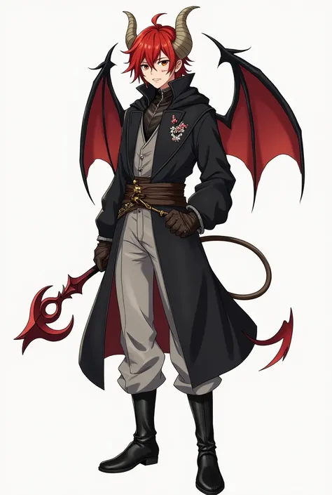 A DnD character with anime style but somewhat manwha.
A thin demon with a rather human appearance, like a 20 year old redhead boy, only with its wings, demon horns and tail. She has medium length hair and bangs to the left.. He dresses like a rogue in blac...