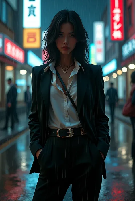 GTA STYLE，chumbo feminino，1girl, 3/4 pose, fashion accessor、dark suit, white shirt unbuttoned top, future city streets，raining night time, retro artstyle，shadows and highlights，hight contrast，crime and danger、Tension and suspense、Reflections on the avant-g...