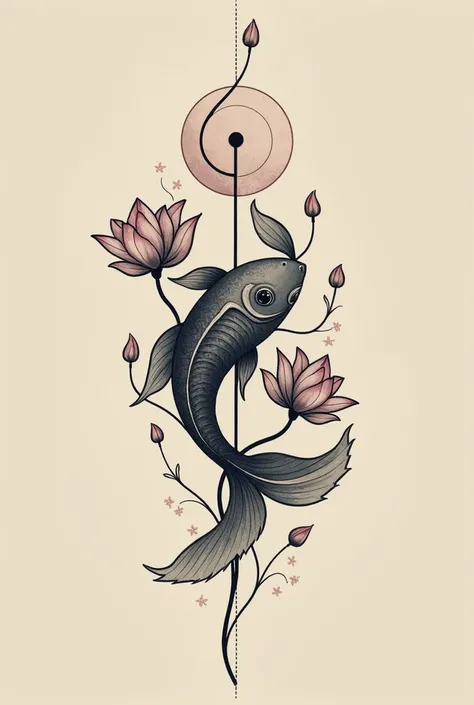 Create a sketch of a tattoo idea: a fish (de ying y yang) vertically and around lotus flowers (without so many details to tattoo, easy)