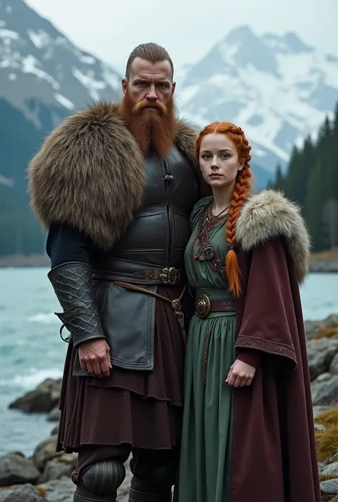 Ragnar Lodbrok from the series next to him a 20 year old peasant girl, natural redhead with viking hairstyles, dressed in Sansa Stark style 