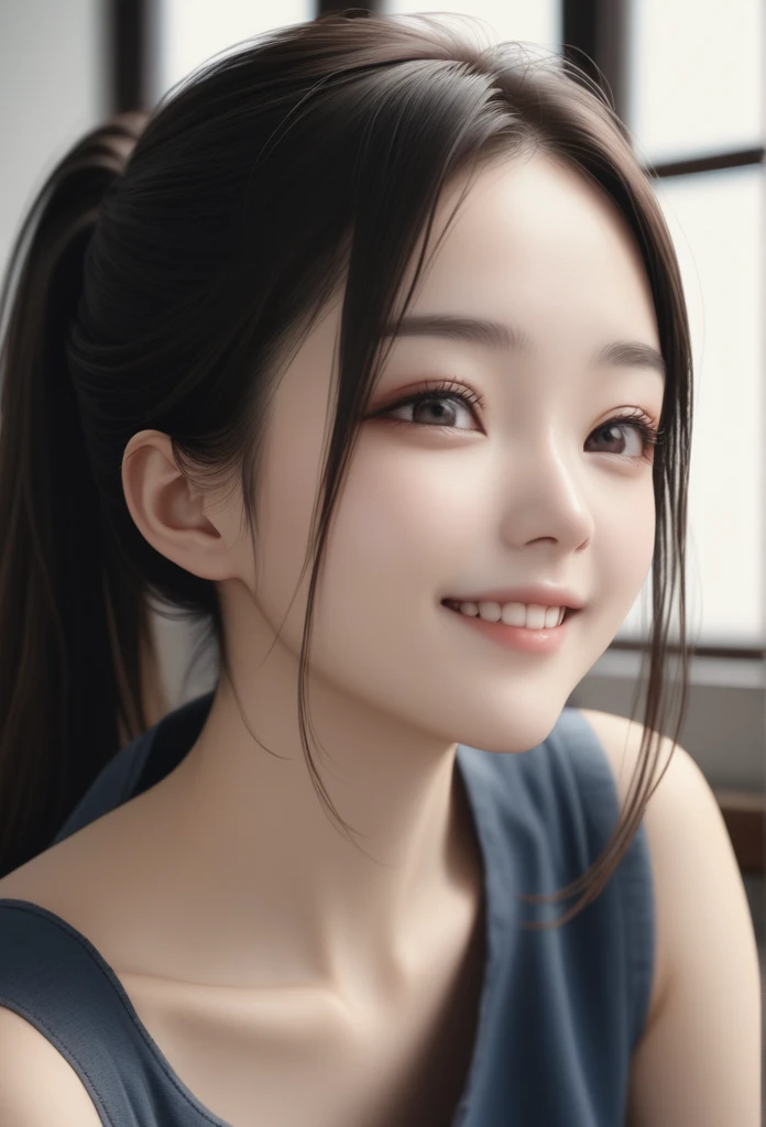 sleeveless, Ponytail, Japanese Girls, 8K, Legal photos, Top quality, masterpiece, Practical, Realistic super details, A girl, Lovely, The best smile, beautiful eyes, Long hair, Perfect facial features,