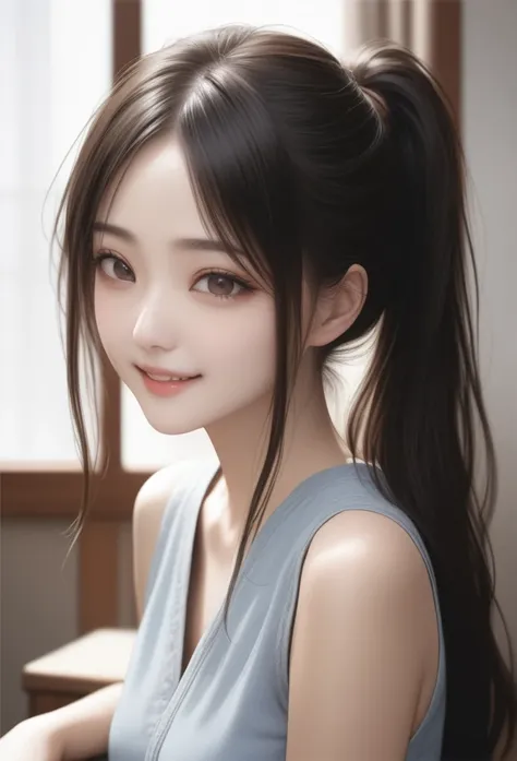 sleeveless, Ponytail, Japanese Girls, 8K, Legal photos, Top quality, masterpiece, Practical, Realistic super details, A girl, Lovely, The best smile, beautiful eyes, Long hair, Perfect facial features,