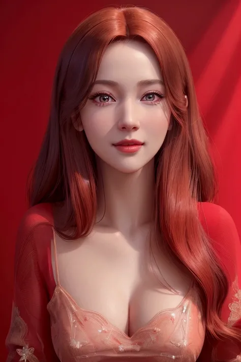 A beautiful woman with detailed facial features, long eyelashes, and a charming smile, holding her hair, wearing a sexy red dress, against a clean white background, (best quality,4k,8k,highres,masterpiece:1.2),ultra-detailed,(realistic,photorealistic,photo...