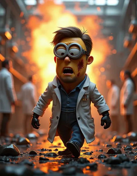 Other scientists stood watching. .Minion scientist Kevin in scientist suit. came out of the lab explosion fire covered in dust with burn marks.explosion scene from fire people looking at Kevin Minion 