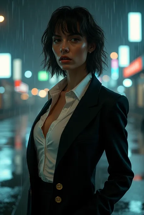 GTA STYLE，chumbo feminino，1girl, looks like sharon stone, 3/4 pose, fashion accessor、dark suit, white shirt unbuttoned top, future city streets，raining night time, retro artstyle，shadows and highlights，hight contrast，crime and danger、Tension and suspense、R...