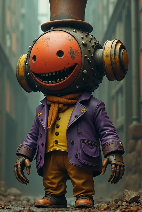 An imposing robot, Scary old 2 meter tall gear mechanism with a completely circular head with a red or orange face with empty eyes and a huge smile with a brown top hat, with a purple jacket,with yellow pants and yellow scarf