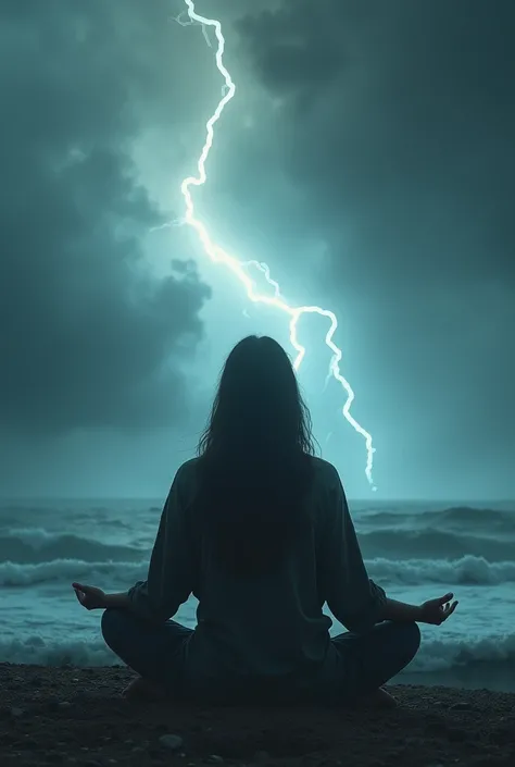 A person meditating or a calm figure in the middle of a storm, representing emotional control and indifference.