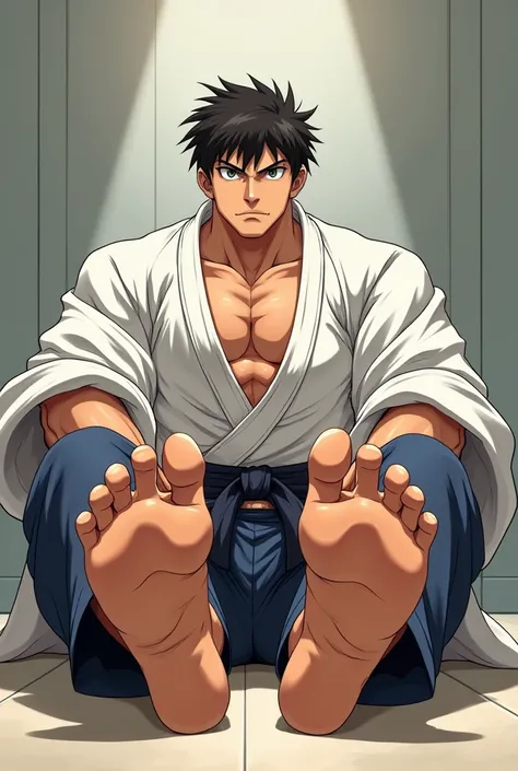 Anime styled. Muscular male wearing a gi with his bare feet outstreched infront of him to show off his feet. 