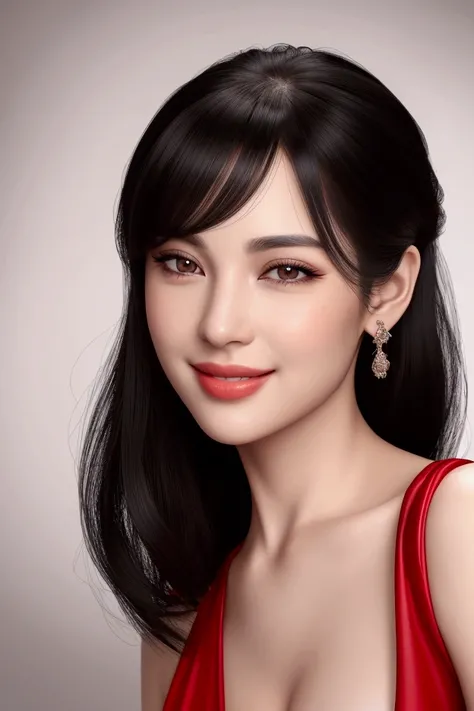 A beautiful woman with detailed facial features, long eyelashes, and a charming smile, holding her black hair, wearing a sexy red dress, against a clean white background, (best quality,4k,8k,highres,masterpiece:1.2),ultra-detailed,(realistic,photorealistic...