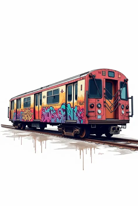 Illustration of a graffitied subway car, parked, WITH WHITE BACKGROUND 