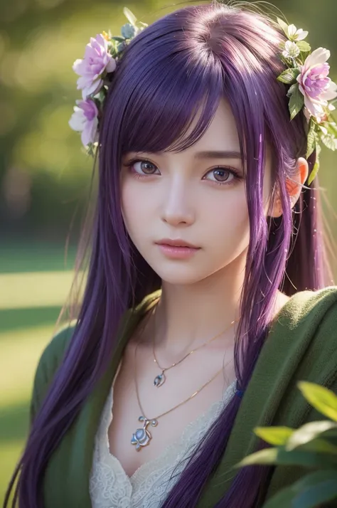 (masterpiece, best quality:1), (photorealistic:1.2), light, depth of field, (detailed face, face focus:1), game cg, ultra detailed, 8k, intricate details, hiqcg, 1girl, solo,anime, looking at viewer, Purple hair, beautiful woman, long hair, flower ornament...