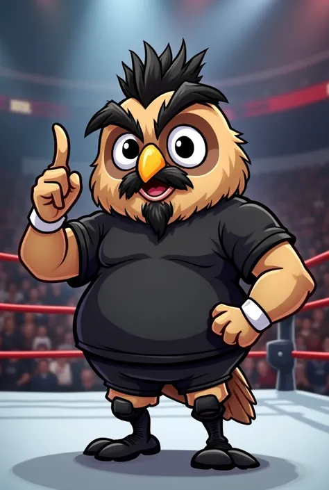 Cartoon owl dressed like WWE Kevin owens 

Cartoon owl body. Cartoon owl head. Cartoon owl face. Cartoon owl arms. Cartoon owl hands.

Pudgy .

Black T-shirt. No sleeves. Black shorts. Black kneepads. Black wrestling boots

 White taped wrists. Flipper mid...