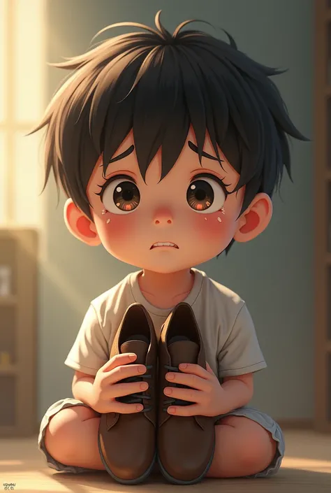 Cute boy holding his shoes and crying