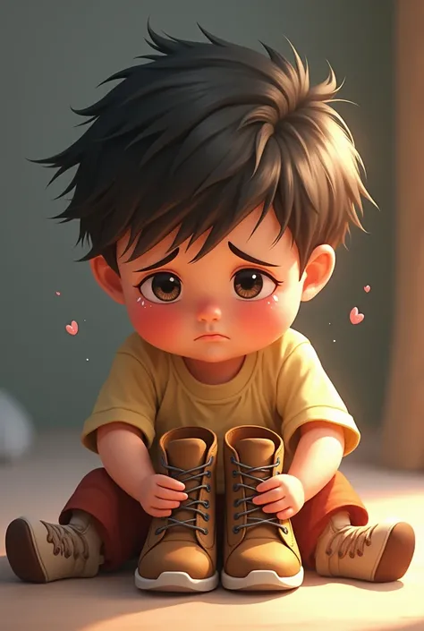 Cute boy holding his shoes and crying