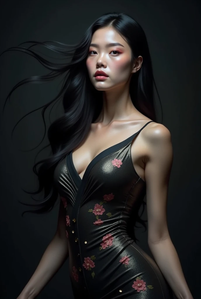 dark techno, cyberpunk,「Realistic image of a Asia Model She is elegant, pale, Perfect and long skin, Flowing black hair that blends with the surrounding shadows. Her kimono is exquisite and meticulous down to the last detail.., dark, Relaxing dark blue and...