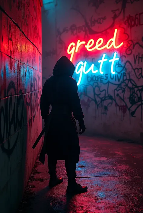 Gaming Profile Picture a ninja facing a wall in a dark hot and firery corner full with cult graffiti neon black and red put a stylish graffiti text "GREEDIGUTT" in ice cold neon color