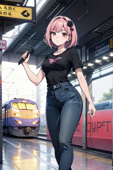 (masterpiece), (best quality), (high resolution), detailed, (Complex detail 1.2), (Hyper detailed 1.4), (Gorgeous digital art 1.2), absurd, 1 Girl, Small Breasts, yes, Hair accessories, Solitary, Pink Hair, (Black shirt:1.3), jeans, (TRAIN STATION:1.2) run...