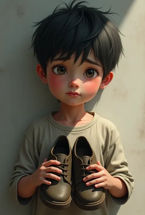 Boy holding shoes and crying　Realistic Boy　cute　bit