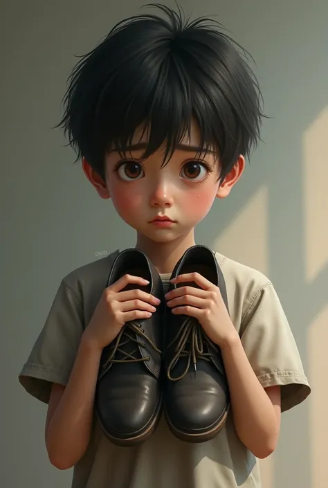 Boy holding shoes and crying　Realistic Boy　cute　bit