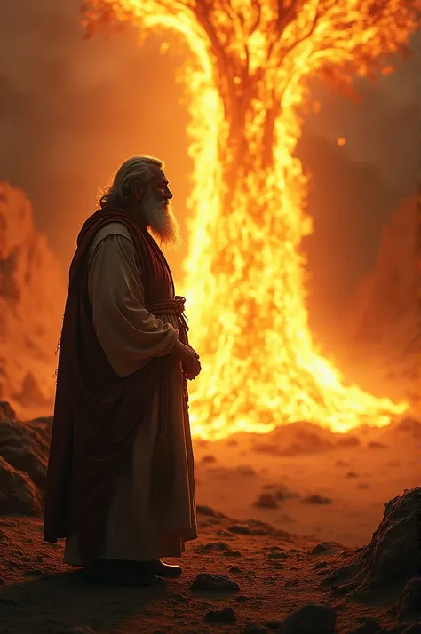 Create a realistic and cinematic image of Moses and the burning bush