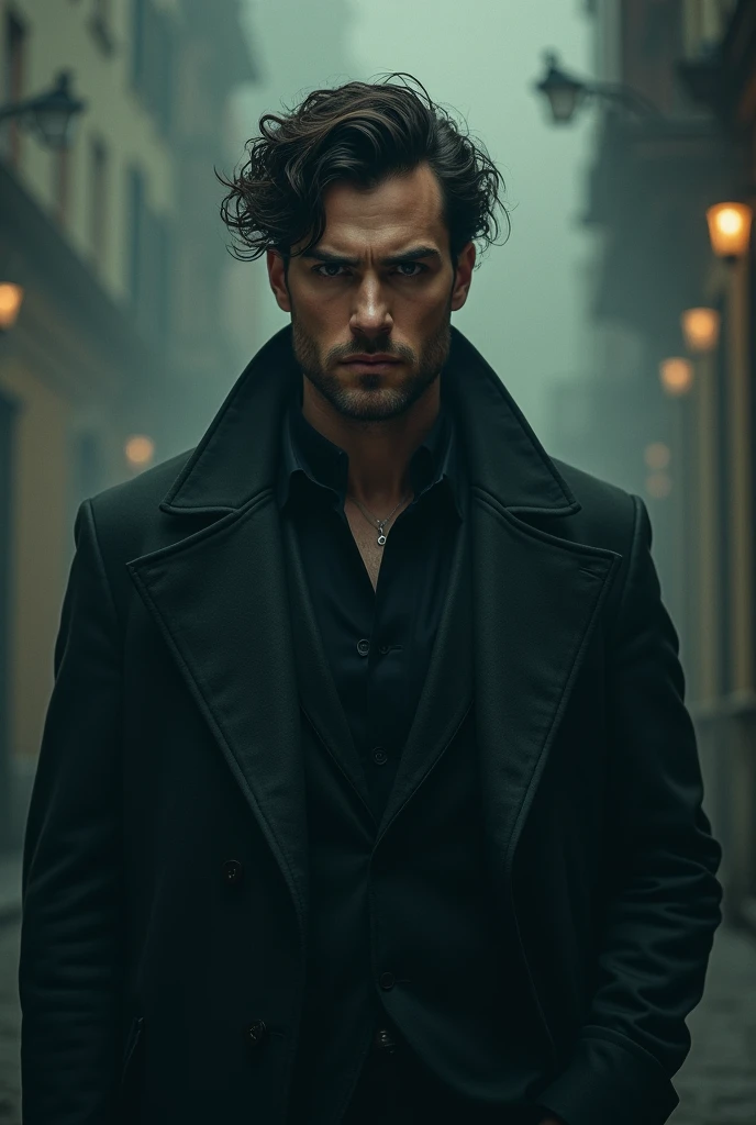 tall man with brunette curls with a dark expression