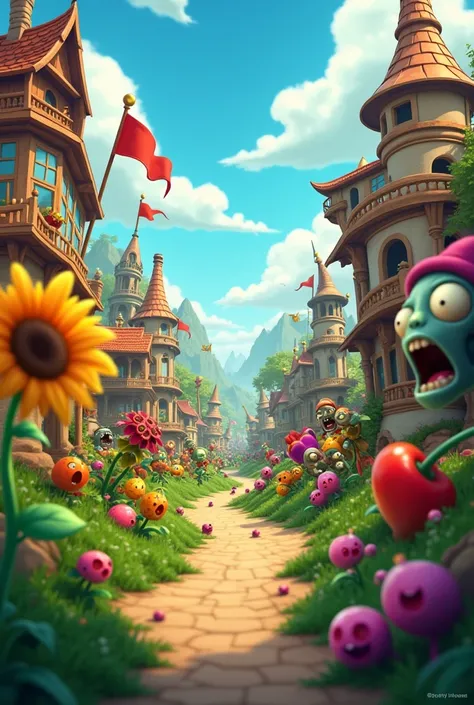 A screen shot showing a gaming video on the popular video-sharing platform，The game being played is a vivid fictional action-adventure game Plants vs. Zombies，The setting is a detailed fantasy world filled with all kinds of weird plants and zombies，Pea sho...