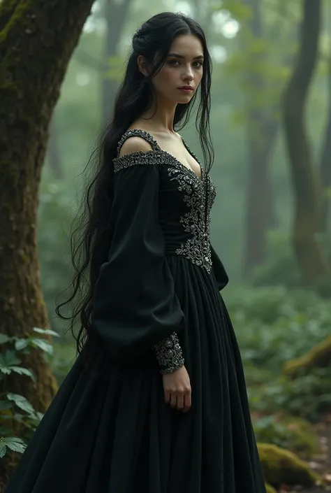 Make a young girl , she has long black hair, black eye, pale white skin, she is very beautiful.
She is wearing a long black dress with silver details, she is in a medieval forest, middle ages 