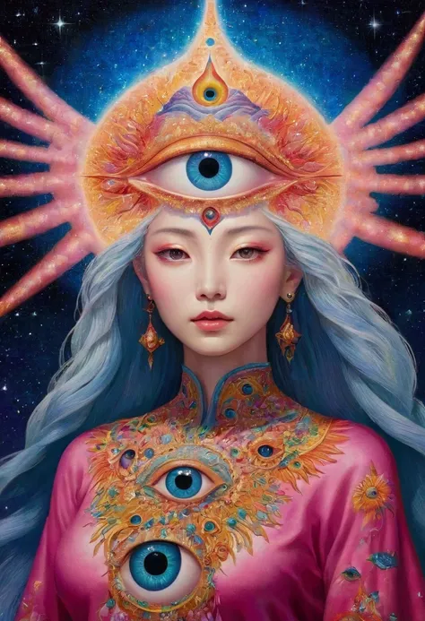 close-up of a person standing in front of a painting, opening the third eye睛, the third eye睛, fantasy painting, the third eye, d...