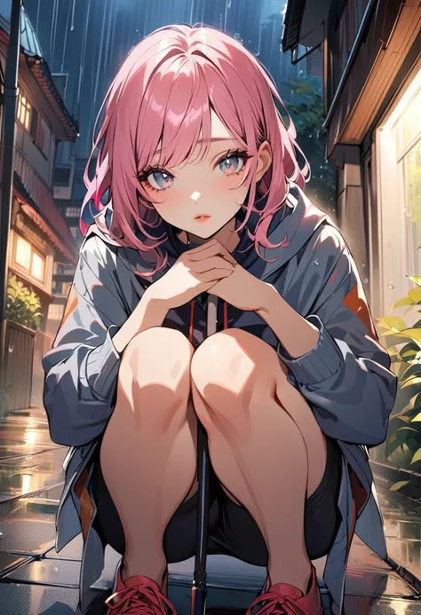 1woman, solo, pink hair, gray eyes, detailed eyes, eyelashes, light lips, 25years old, shes holding an umbrella, squatting, raining, residential area with sunshine