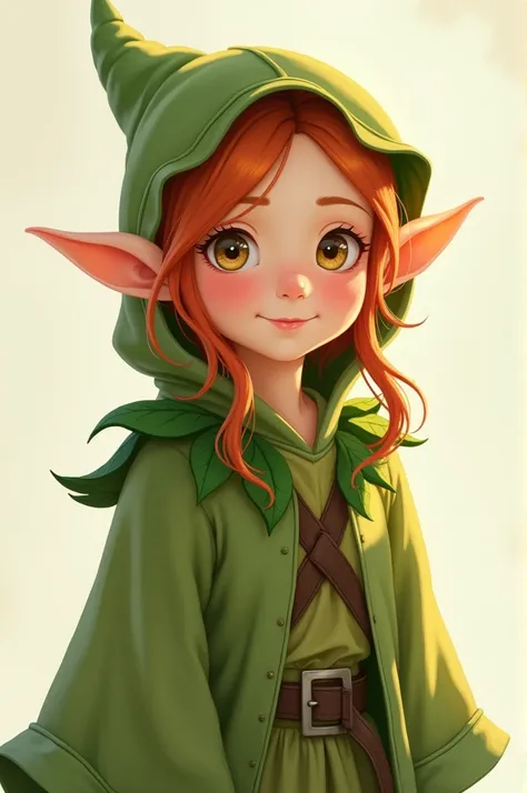 ELF EARS, LEAF COSTUME, GINGER HAIR, 1girl, solo, upper body, facing viewer, looking at viewer, smile,