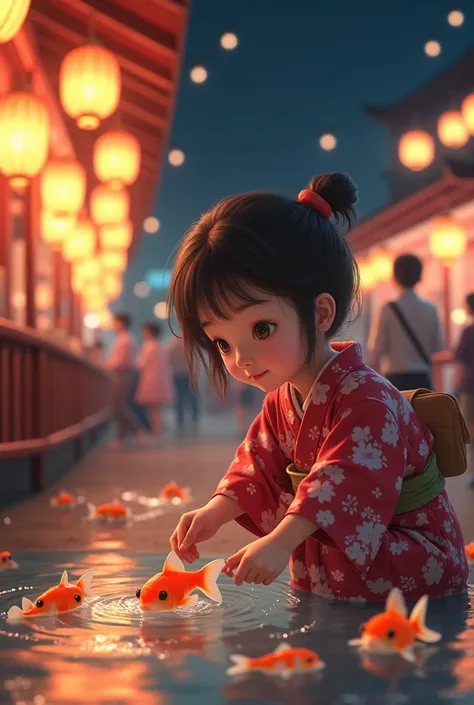 A girl in a yukata enjoying catching goldfish、The scene is at a night stall.、Crouching down and using a poi to rescue goldfish