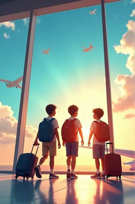 Airport sky flight three frends boys and backpack 
