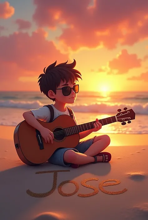 Create an image of a boy sitting on the sand playing a guitar and wearing sunglasses, with a glowing sunset in the sky and "Jose" written on the sand.