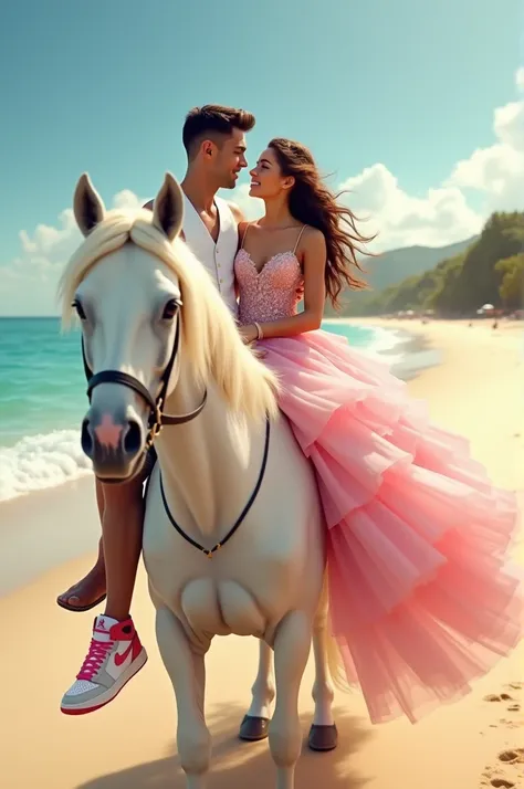 realistic photo,Handsome man and beautiful woman have 20 years old wearing ping wedding dress wearing ping color Jordan shoes. Set against a beach backdrop.sitting on a horse . 3d realistic.