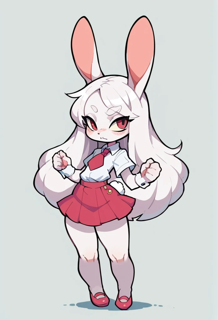 furry bunny female, ,legs ungulated，white  hair , shortstack, wide skinny, skirt pusy huge