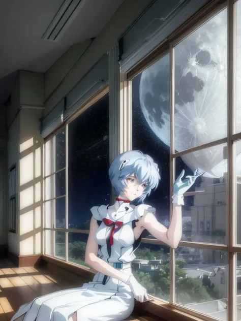 Rei Ayanami, Bluish silver short hair, Cheek resting in one hand, Large windows, Open window, Leaning on the window frame, Sit by the window frame, Moon Background, The moon looks big, Gazing at the Moon, Night, View from inside the room, The lace curtains...