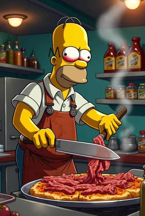 Make a dark-skinned Homer, light-skinned, being a taco maker cutting meat from a shepherd&#39;s trompo, and make his eyes red but only the pupils as if he were drugged please, as I asked you, literally. , aslo realistic 