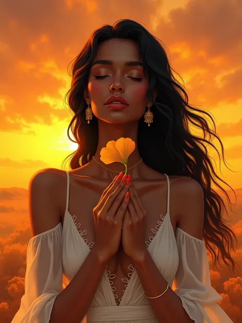 1girl, black hair, closed eyes, dark skin, earrings, ginkgo leaf, gradient, gradient background, jewelry, long hair, male focus, orange background, orange sky, orange theme, own hands clasped, own hands together, solo, sunset, upper body, yellow background...