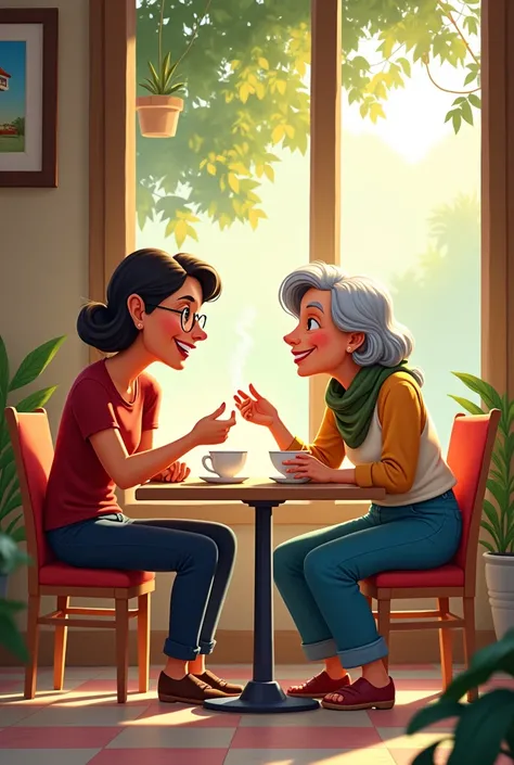 Generates Piedad Bonnett having coffee with someone as if it were a cartoon