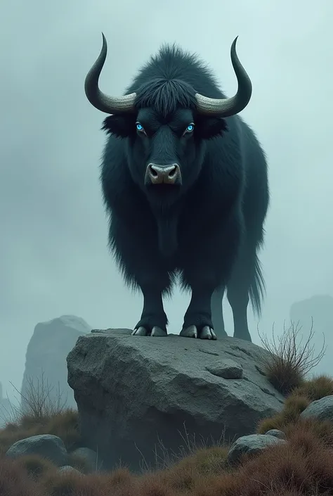 Black ox with blue eyes on a rock