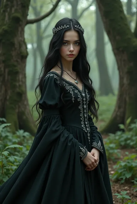 Make a young girl , she has long black hair, black eye, pale white skin, she is very beautiful.
She is wearing a long black dress with silver details, she is in a medieval forest, middle ages 