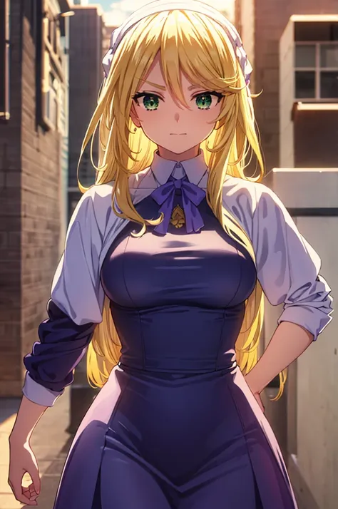 sharonholygrail, sharon holygrail, long hair, blonde hair, hair between eyes, (green eyes:1.3), smirk BREAK skirt, shirt, short sleeves, frills, black skirt, frilled skirt, purple shirt, puffy sleeves, collarbone, BREAK outdoors, city, sky, sun, clouds, cr...