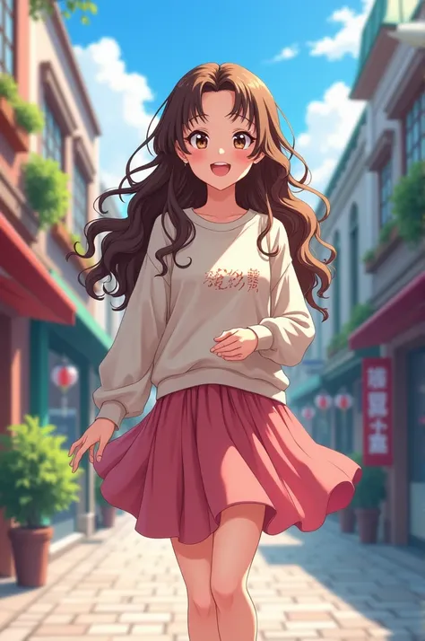 (best qualityer:0.8) perfect anime illustration, a handsome, happy woman with long curly brown hair on city streets, wearing a sweatshirt, overskirt