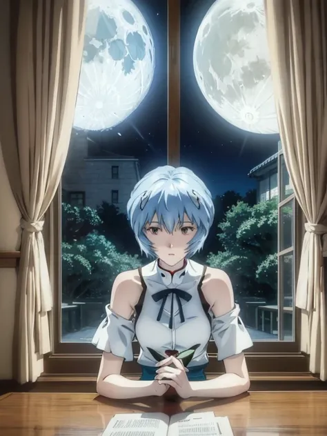 Rei Ayanami, Bluish silver short hair, Cheek resting in one hand, Large windows, Open window, Leaning on the window frame, Sit by the window frame, Moon Background, The moon looks big, Gazing at the Moon, Night, View from inside the room, The lace curtains...