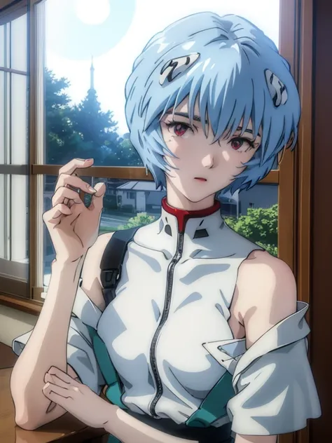 Rei Ayanami, Bluish silver short hair, Cheek resting in one hand, Large windows, Open window, Leaning on the window frame, Sit by the window frame, Moon Background, The moon looks big, Gazing at the Moon, Night, View from inside the room, The lace curtains...