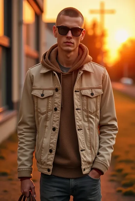 photo portrait of a Lanky 3 Swedish man with Medium complexion , crew cut hair, wearing sunglasses, a Beige Denim jacket, detailed clothes, textured clothes, outdoors, hdr, Studio quality, orange studio lighting, sharp focus, (diffuse light:1.3), (soft lig...