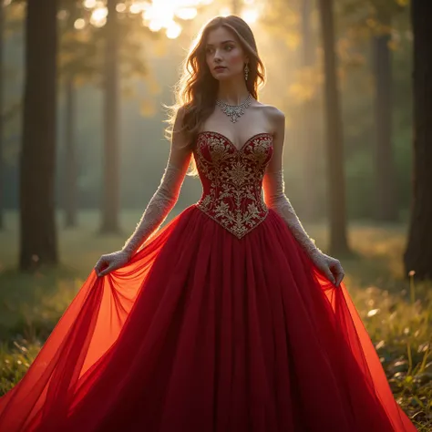 A breathtaking goddess-like girl wearing an opulent, flowing ball gown in a vibrant crimson, standing in a sun-dappled forest clearing at dawn, her dress billows around her, with layers of rich fabric cascading down her body, perfectly highlighting her sle...